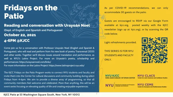 image from Fridays on the Patio - Reading and conversation with Urayoan Noel (Dept. of English and Spanish and Portuguese) 