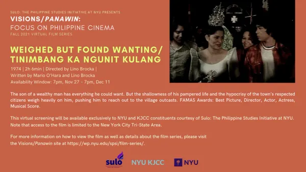 image from FILM SERIES: VISIONS/PANAWIN - FOCUS ON PHILIPPINE CINEMA | FILM: WEIGHED BUT FOUND WANTING / TINIMBANG KA NGUNIT KULANG (1974, 2h 6min)